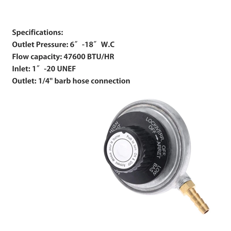 1 Pound Propane Tank Low Pressure Adjustable Gas Regulator with 1/4Inch Barb Hose Connection-A73M