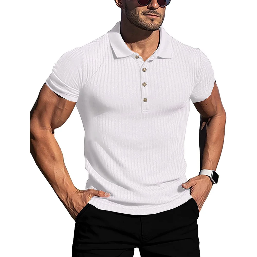 Neue Sommer Polo Männer Solide Streifen Fitness Elastizität Kurzarm Polo Shirts für Männer Mode Stehen Kragen Herren Shirts – Detail 4
