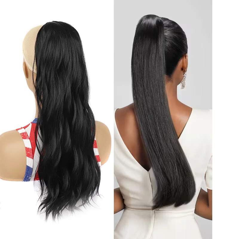 

Synthetic Drawstring Ponytail Extensions for Women, Long Straight Natural Black Wrap Around Clip In Ponytail