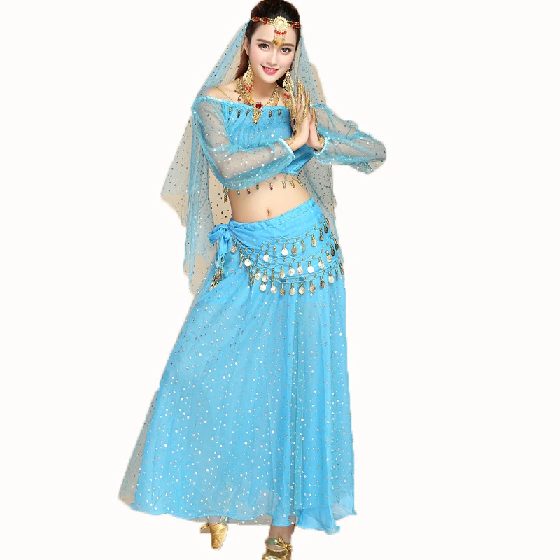 New Sparkling Women India Belly Dance Costumes Set Bollywood Egypt Belly Dance Stage Performance Dress Chiffon Sequin Suit