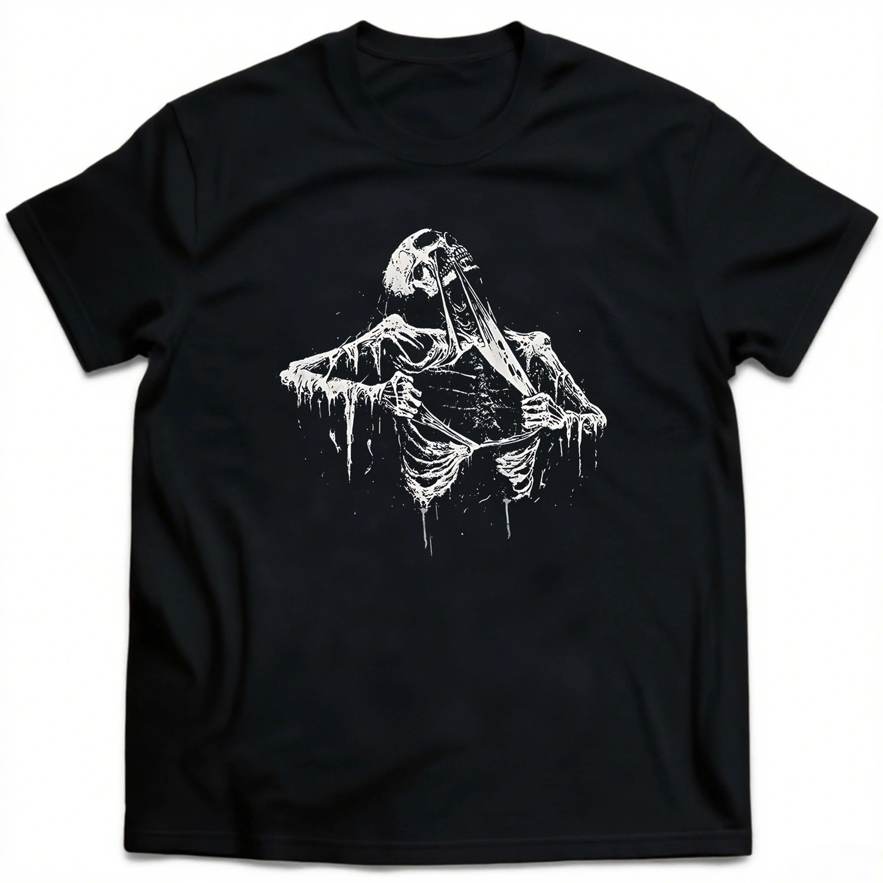 Plus Size Black T-Shirt with Skeleton Pattern Short Sleeve Suitable for Outdoor Leisure Wear in Summer