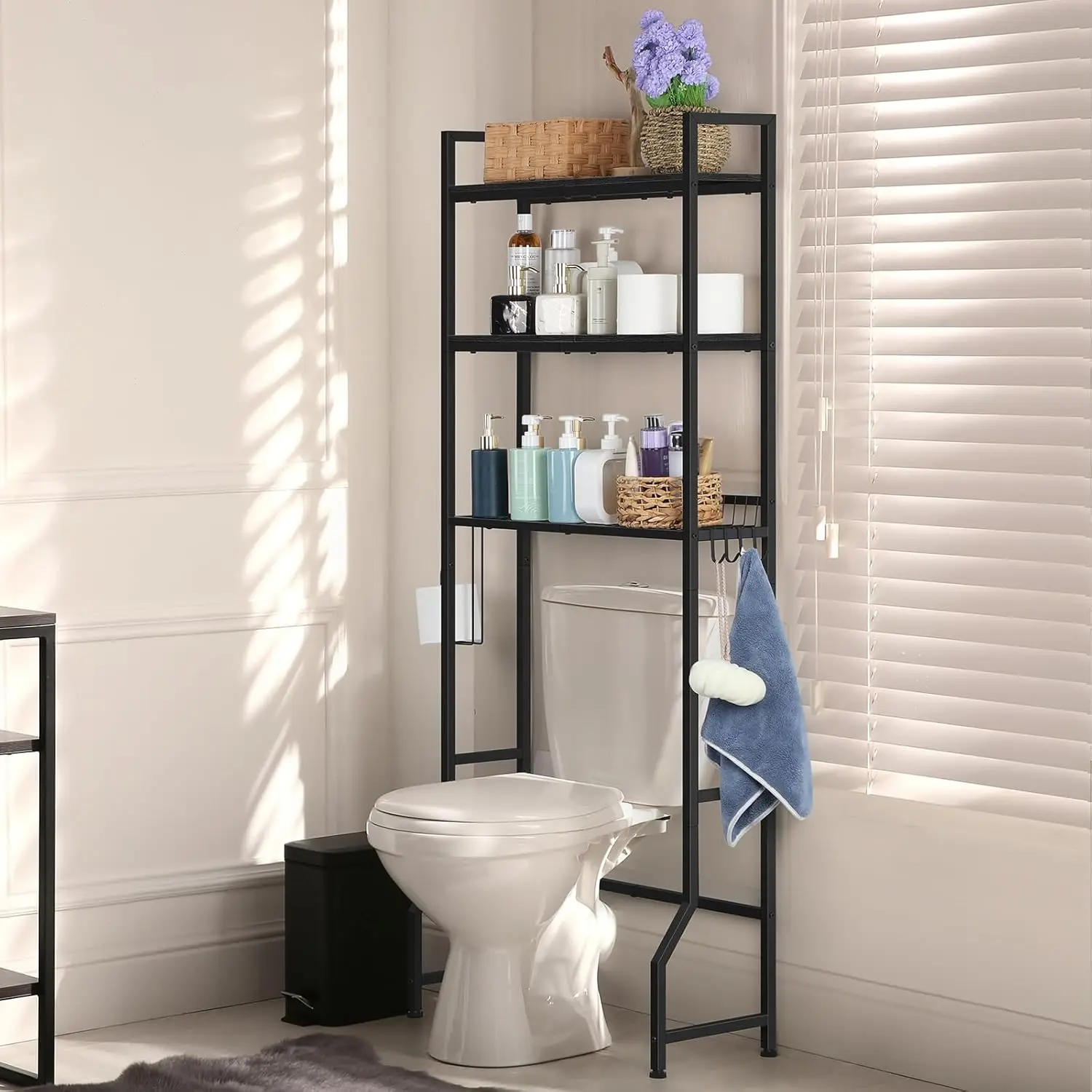 Over The Toilet Storage Over Rack Bathroom Organizer3 Tier  Shelf with 4 Hooks and Paper Holder Freestanding