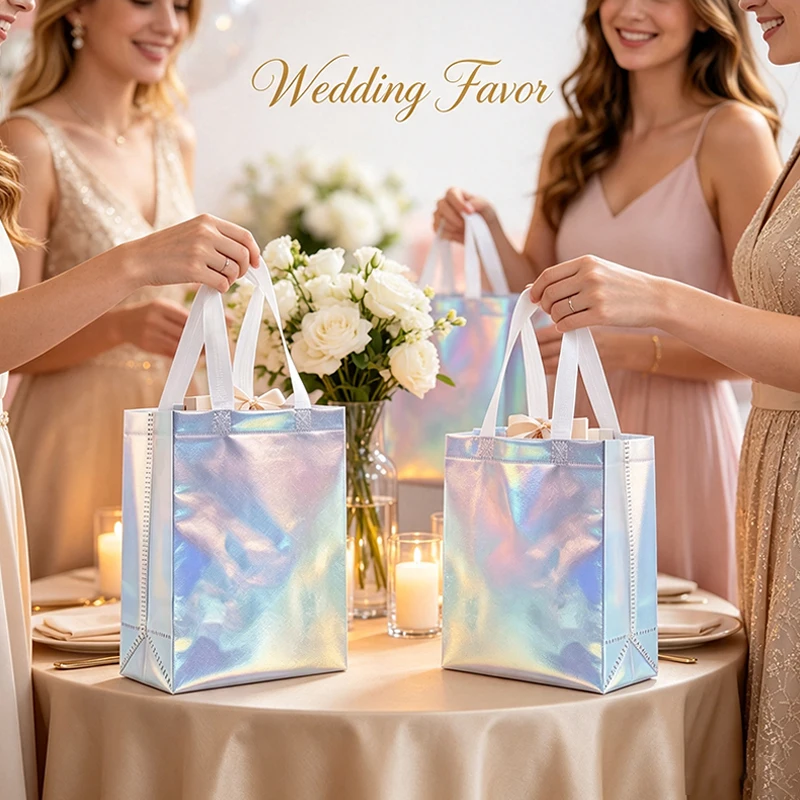 5-15PCS White Handle Holographic Gift Bags Elegant Iridescent Wrapping Set For Birthday Presents Wedding Celebrations Favors ZYF