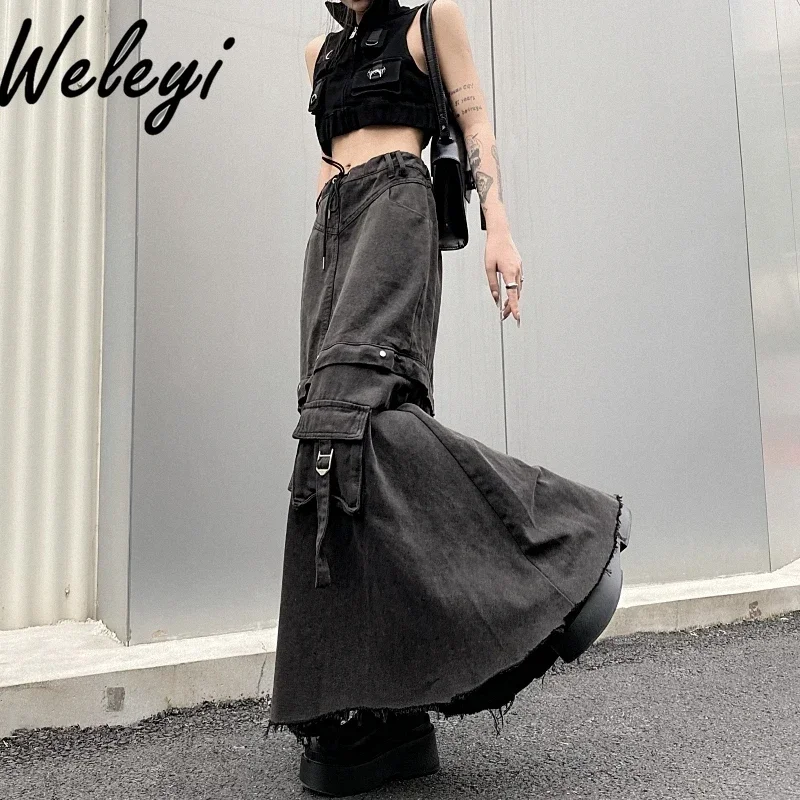 Autumn and Winter Detachable Jean Ruffle Skirt American Personality Women's Pendant Dark Gray A-shaped Tooling Denim Long Skirts