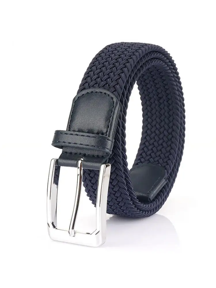 

High Quality Men Canvas Woven Belts Non Perforated Elastic Male Students Leisure Outdoor Trouser Fashion Belt Buttoned Navy Gray