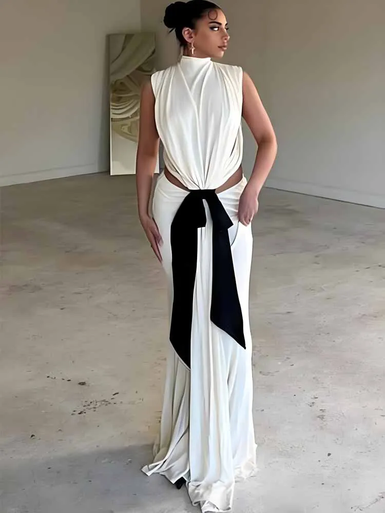 

MCDV Элегантное плиссированное платье макси с бантом, женское сексуальное облегающее вечернее платье с низкой талией и открытой спиной, шикарное вечернее платье 2025 Temperam