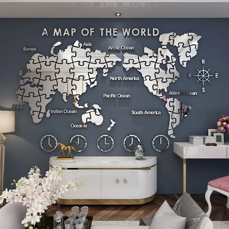 

World Map Wall Stickers, Self-adhesive, Office or Home Decoration, Background Acrylic, Black Silvery Golden Painting