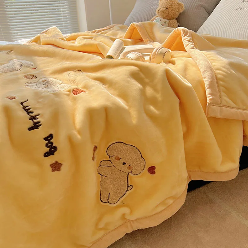 Solid Thick Cartoon Towel Embroidered Blanket Double Layer Warm Milk Velvet Sofa Cover Cozy Breathable Bedspread for Adult Kids