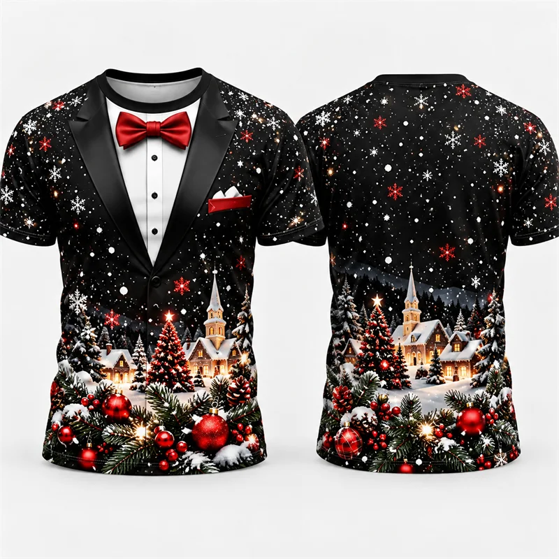 Camisa de Esmoquin Navideña a Cuadros para Hombre, Manga Corta, Pajarita 3D, Estilo Traje, Atuendo Festivo Retro de Tartán para Fiestas Navideñas, Camiseta Divertida y Original