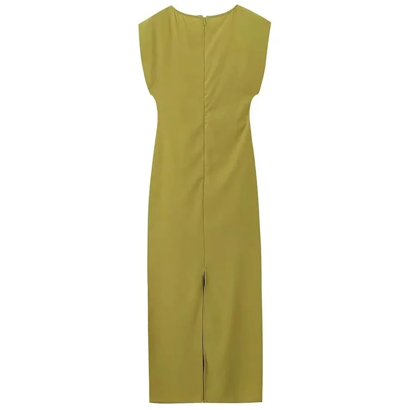 TRAF Midi Ruffled Dresses Fashion Woman O-Neck Sleeveless Dress Summer Ladies Metal Ring Decoration Dress Elegant Holiday Dress