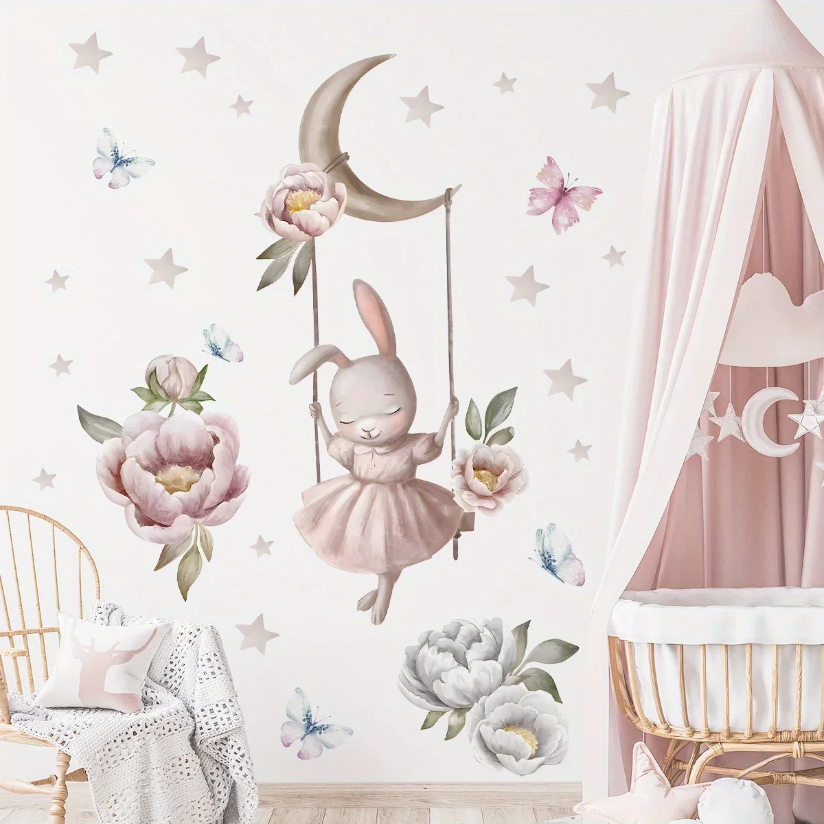 1Pc Cartoon Rabbit The Swing Flower farfalle adesivi murali per la decorazione della camera da letto bambini Baby Room Decor soggiorno Nursery