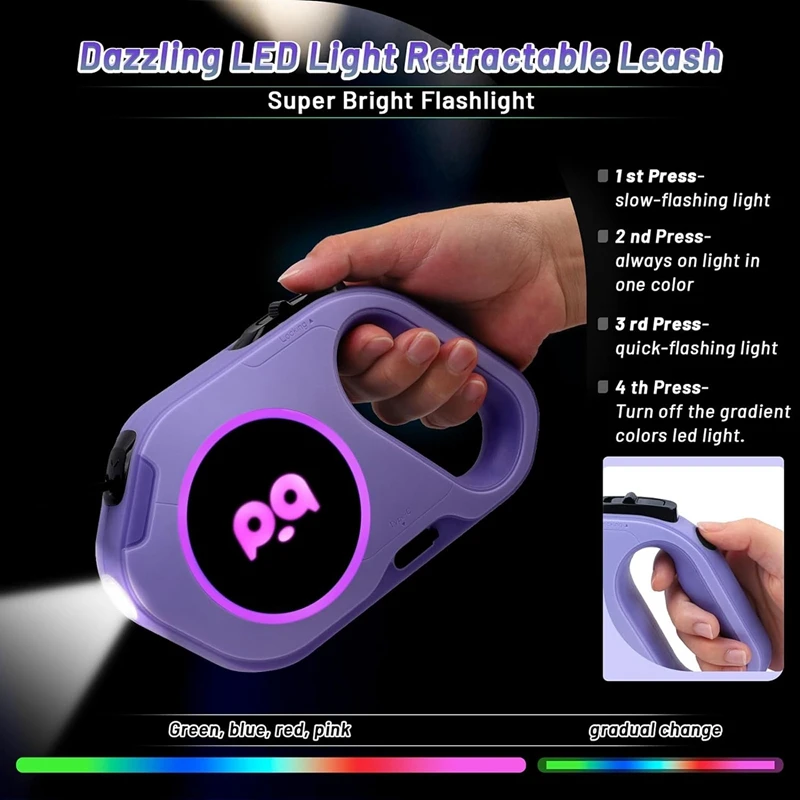 Correa retráctil para perros con luz LED recargable, cinta de nailon resistente de 16 pies para paseos nocturnos de hasta 88 libras, color morado para mascotas, fácil de usar