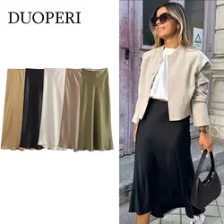 DUOPERI Women Fashion Plain Multicolor Satin Textured Midi Skirt Female Chic Lady Casual Elegant Long Skirt