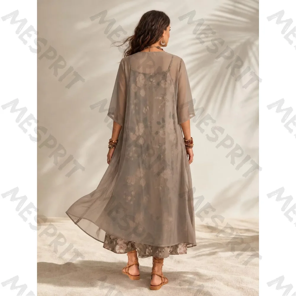 Customized Grey Flower Embroidered Chiffon Evening Gown 2026 Elegant V-neck Detachable Robe A-line Ball Dress Suitable for Beach