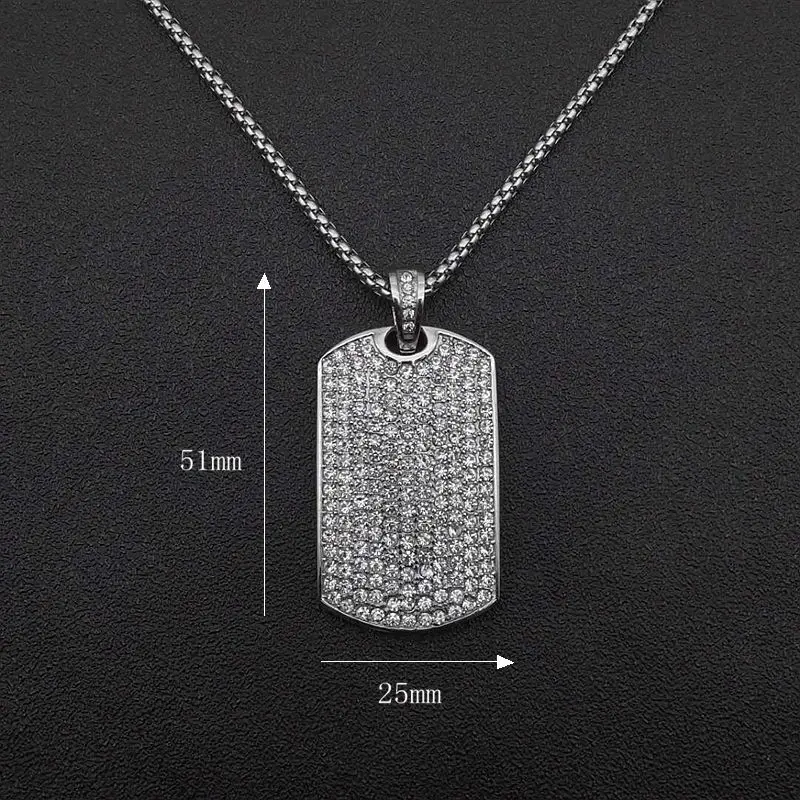 Stainless Steel Geometric Square Dog Tag Pendant Necklace Full Rhinestone Paved Bling Iced Out Men Hip Hop Rapper jewelry Gift