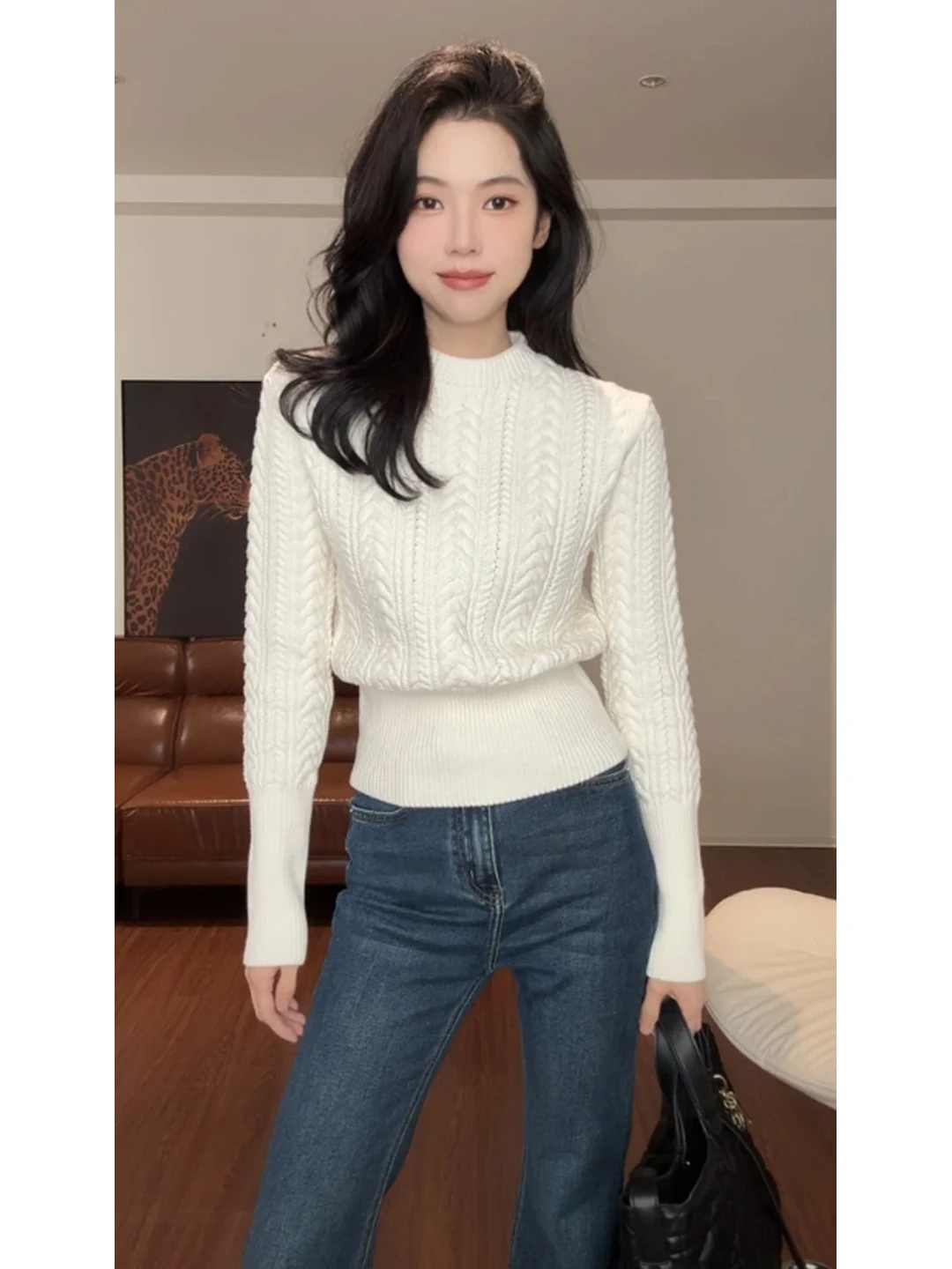 

Thiened Knitted Sweater Women's Autumn Winter New Sle Lazy Sle Waist-Cinching Overhead Twist White Women's Top