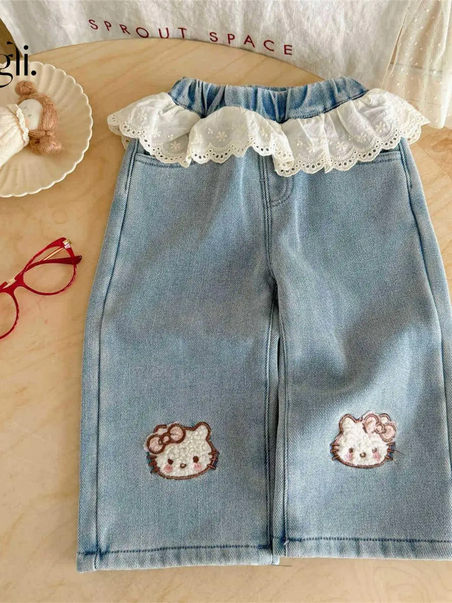 

Корейские зимние утепленные джинсовые брюки для девочек на флисовой подкладке с кружевными вставками, широкие штаны, детские длинные брюки