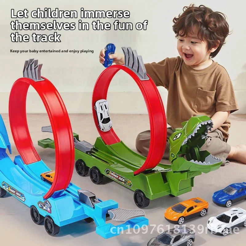 مجموعة ألعاب سيارة المنجنيق للأطفال على شكل ديناصور وسمك القرش - تجميع مجاني لسيارات السباق للأولاد - ألعاب مسار منزلقة بلاستيكية #2