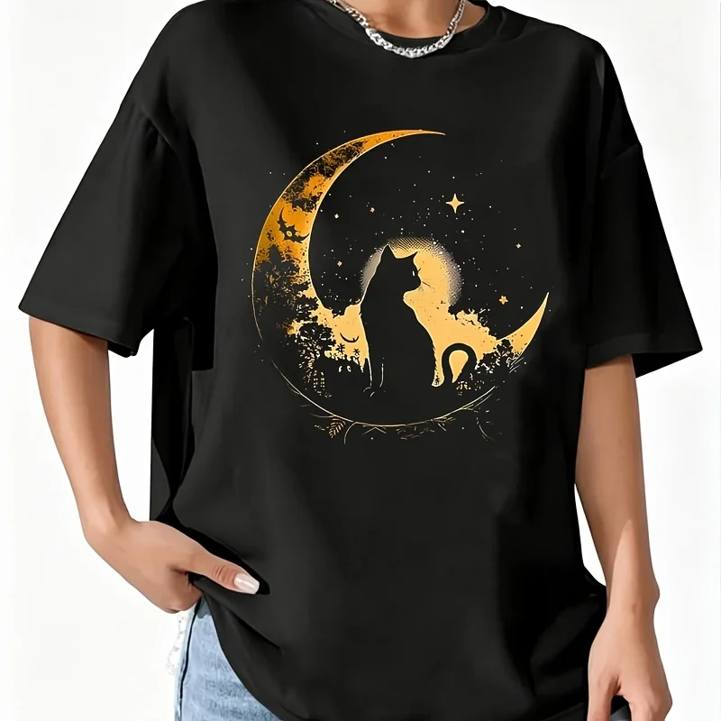 Cat and Crescent Moon Pattern Women's 100% Cotton T-Shirt Fun Print Short Sleeve Top Casual Round Neck Tee S-5Xl