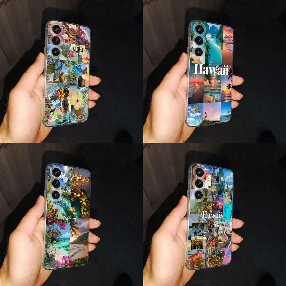 

Summer Hawaii Sea Beach Ocean Phone Case For Samsung S24,30,21,22,23,20 FE,lite,PIus,Ultra,5G,Note,9,10 Transparent Box