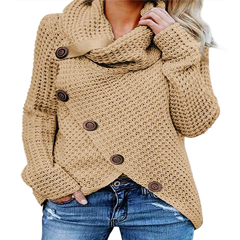 Turtleneck Knitted Sweaters For Women Autumn Winter Long Lantern Sleeve Knitwear Five Button Cardigan Coats Oversized S-5XL