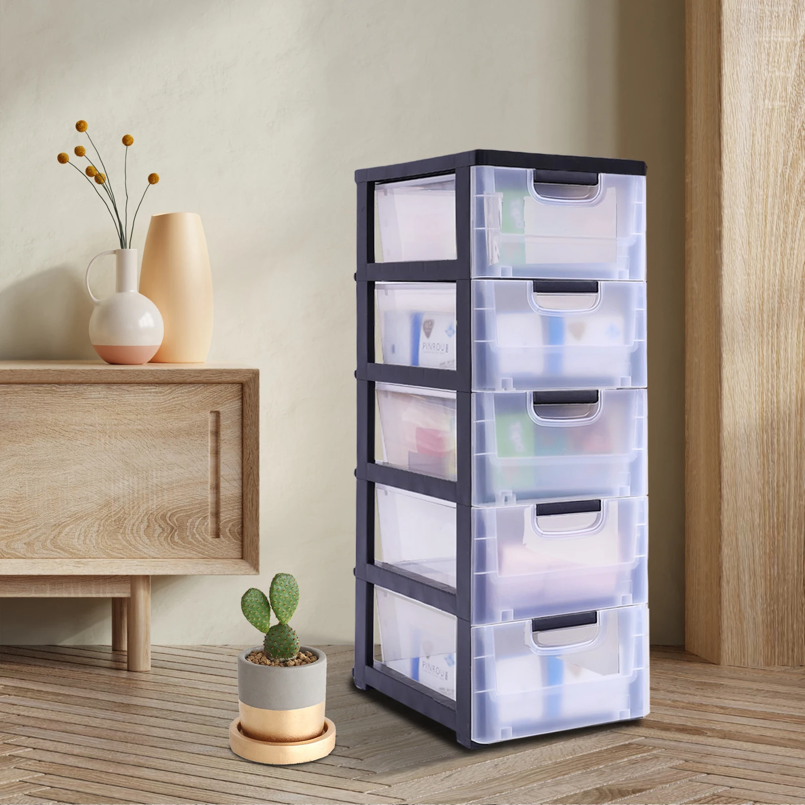 5-Tier Storage Cabinet 5 Drawers Transparent Plastic Vertical Closet for Storing Clothes, Towels, Toys