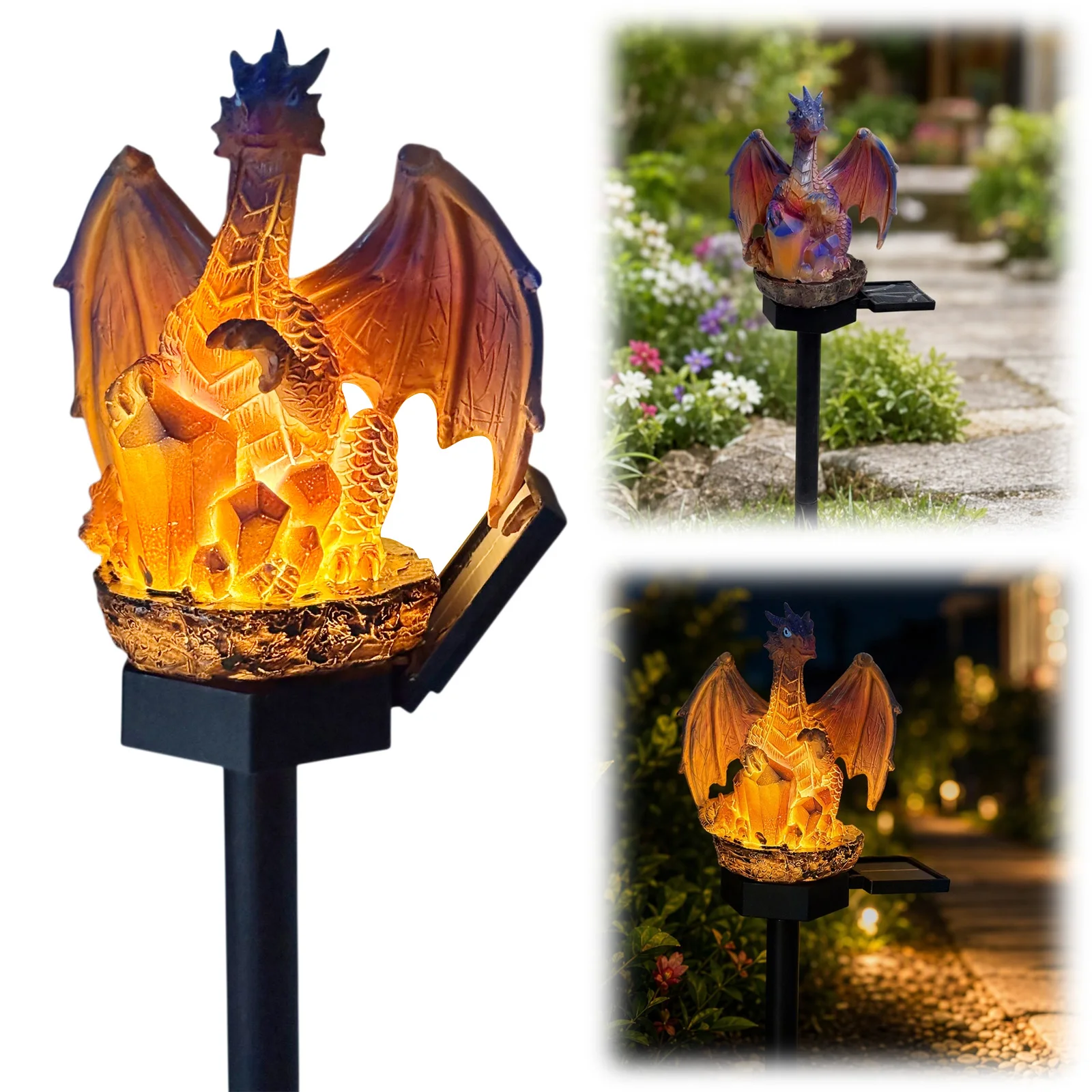 Solar Golden Ember Dragon Stake Lights Fantasy Dragons LED Stakes Gothic Medieval Statue Lamp for Housewarming Fantasy Lovers