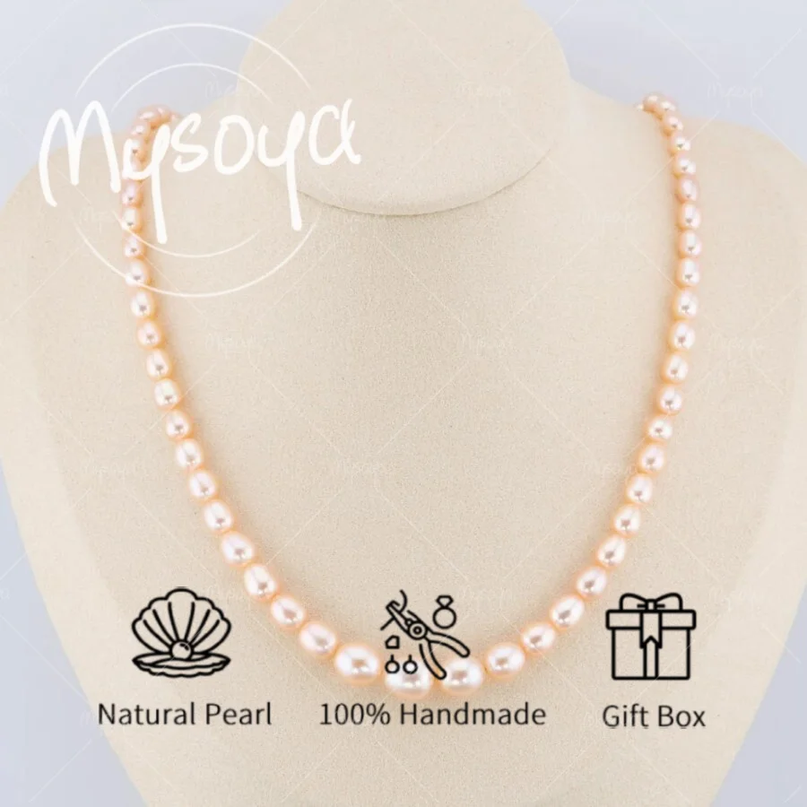 

Mysoya Pink Rice-shaped Freshwater Pearl Necklace, 6-7mm Pearls. with Gift Box Gift for Him/ Her for Birthdays, Weddings