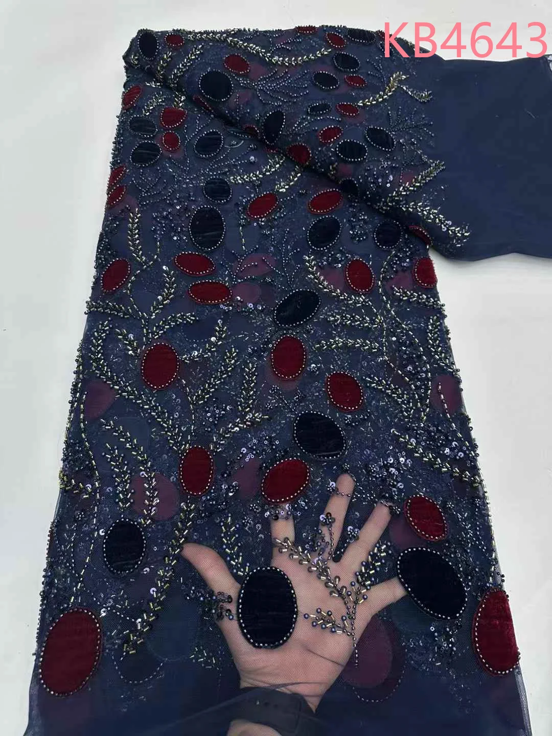 African Beaded Lace Fabric Sequins Net Latest Lace Fabric High Quality 2025 Velvet Beaded Lace Fabric Sequence For Sewing KB4643