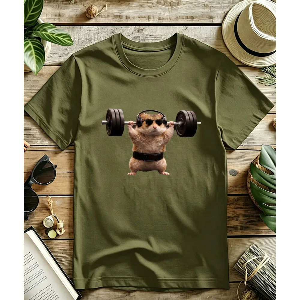 Cool Hamster with Sunglasses Headphone Lifting Barbell Graphic Print Cotton T Shirt Funny Gym Fitness Animal Cartoon Casual Tees view 3