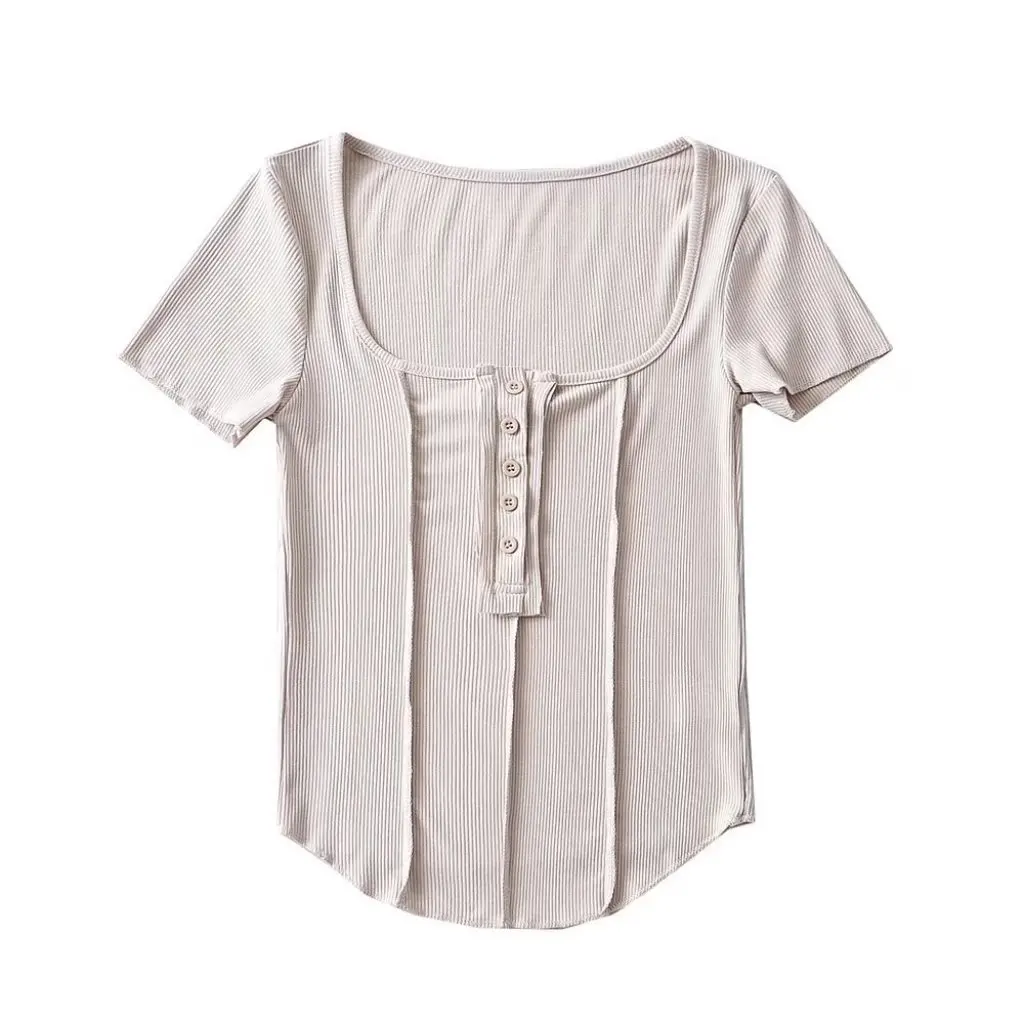 

Spring European American Women's Fashion Solid Color Slim T-Shirt Short Sleeve Reverse Placket Stitching Top C11702