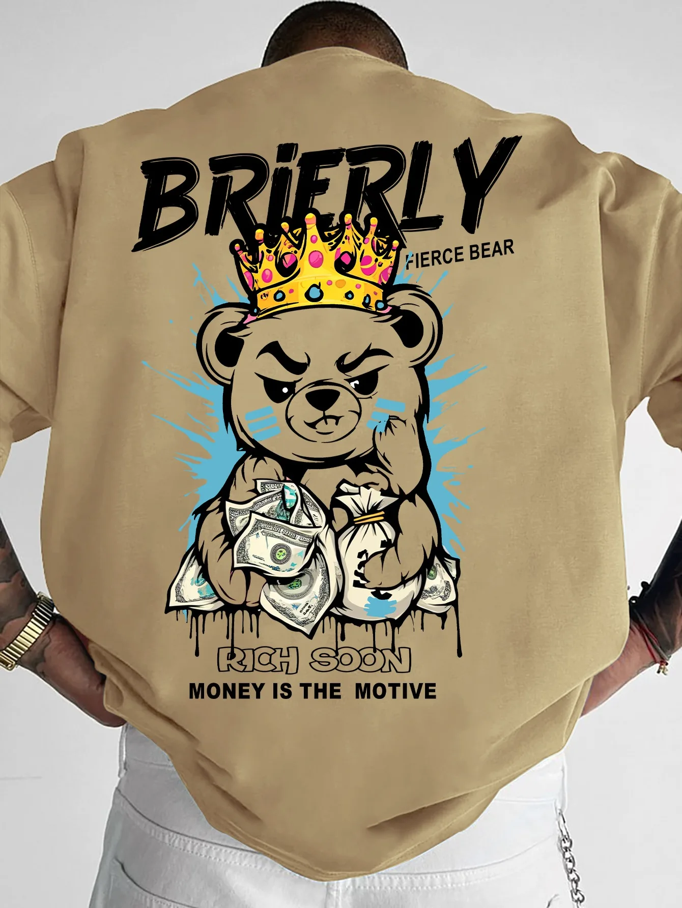 T-shirt col rond pour hommes, confortable et respirant, à la mode, ours en peluche, lettre de riches