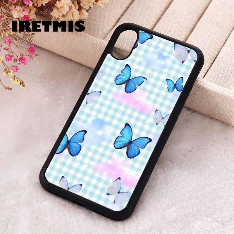 Iretmis Phone Cover Case For iPhone X XS Max XR 11 12 13 PRO MINI 14 15 16 Plus Rubber Silicone Blue Butterfly