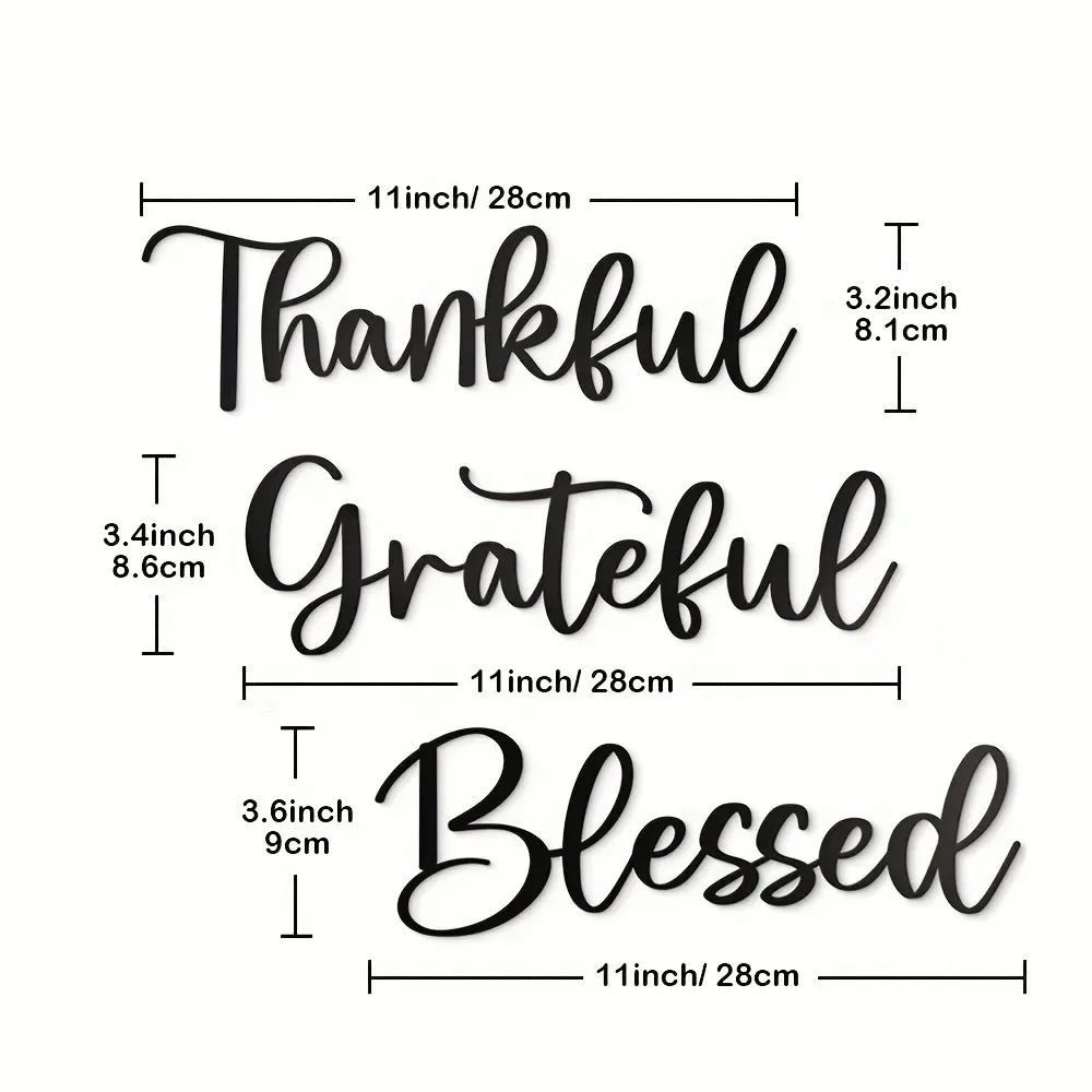 3Pcs Black Thankful Grateful Blessed Metal Wall Art, Rustproof Aluminum Inspirational Sign, Positive Home Decor