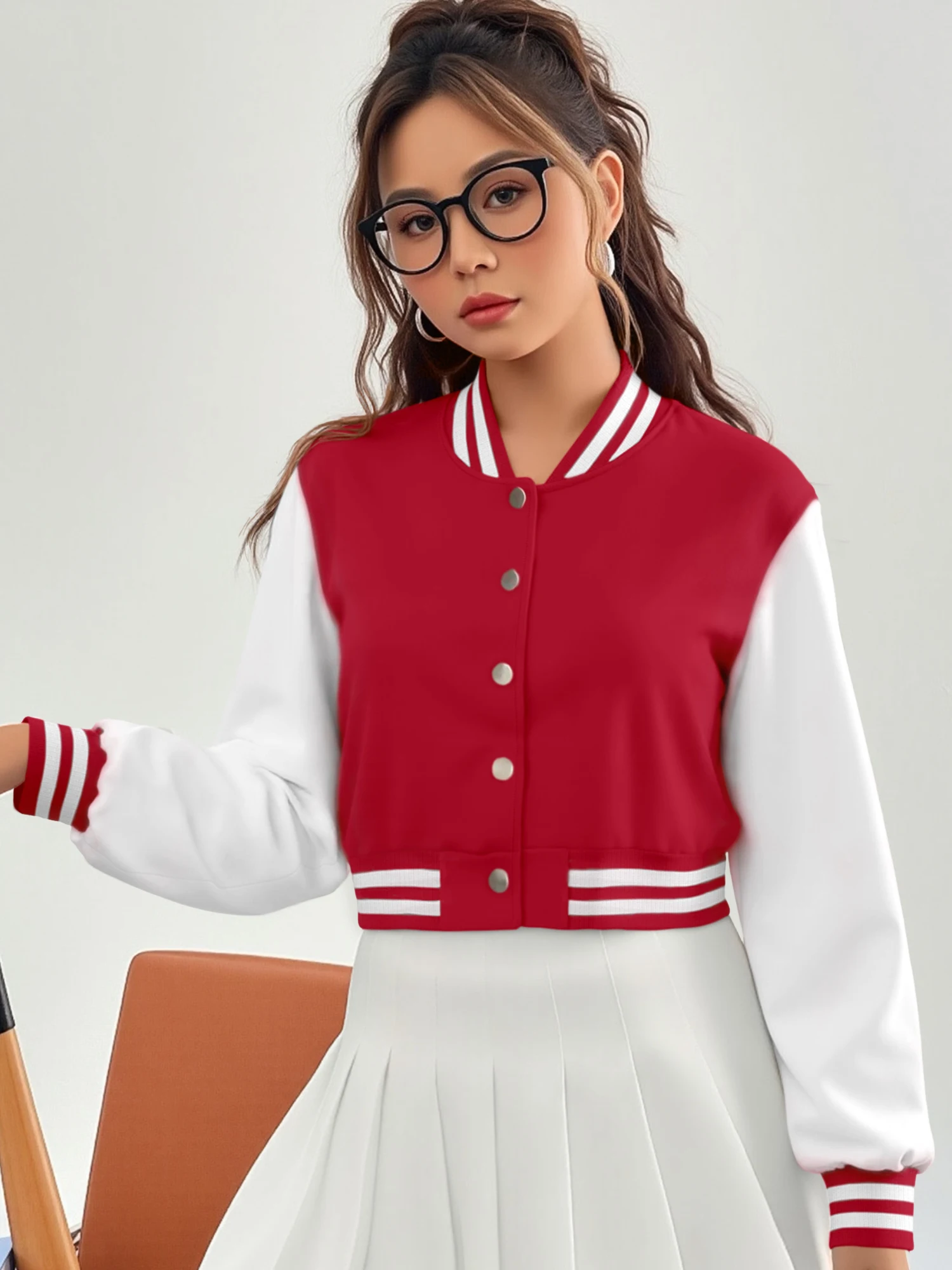 Spring Autumn Women Color Block Cropped Varsity Jacket Stand Collar Button Up Long Sleeve Baseball Coat