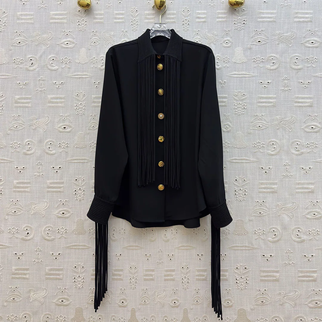 

Novelty Fashion Ribbons Lapel Long Sleeve Black Shirt Women Luxury Gold Buttons Decoration New Spring Blouse Vintage Loose Tops