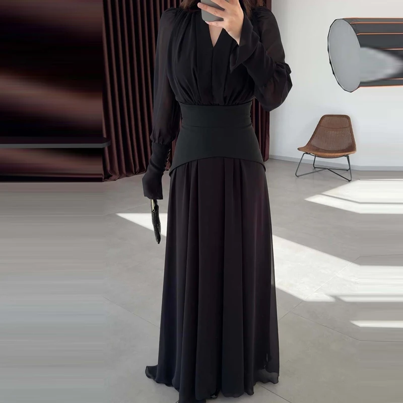 Fashion Temperament Draped Solid Long Dress Lady Casual Simple Floor Length Dress Elegant V Neck Long Sleeve Evening Party Dress