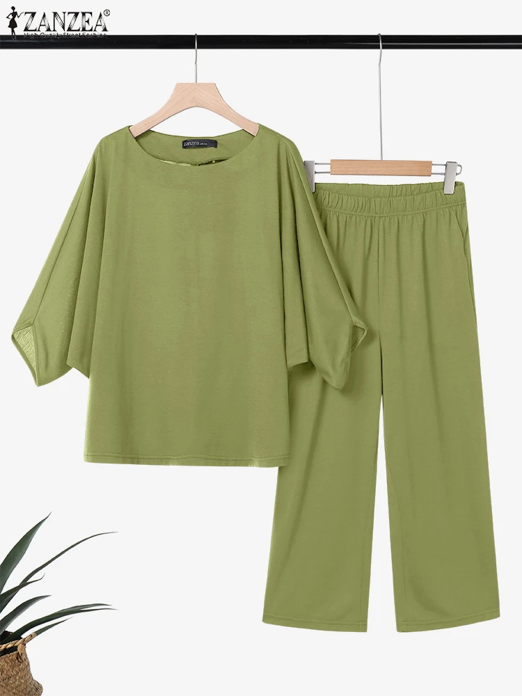 الخريف مطابقة مجموعات ZANZEA النساء بانت مجموعات قطعتين وتتسابق 2025 موضة الخفافيش كم بلايز عادية الصلبة فضفاض السراويل كبيرة الحجم