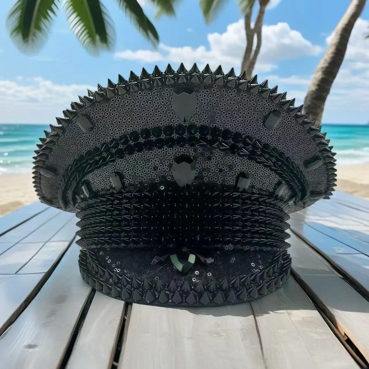 홍루안 옐로우 레이저 가죽 루프 캡틴 모자, 여성용 라인스톤 & 밀리터리 캡, 레이브 페스티벌 액세서리 & 파티 캡 남성용