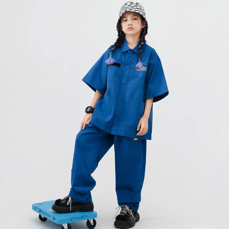 Dança Baggy de Rapazes e Raparigas, Roupa de Hip Hop Infantil, Exposição Adolescente, Camisa Azul, Calças Jazz, Roupa de rua, 6, 8, 10, 12 Anos