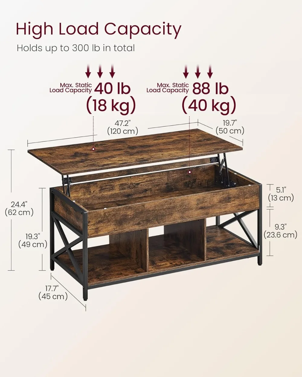 Lift Top Coffee Table, Lift Coffee Table with Storage Shelf, Hidden Compartments and Lifting Top, for Living Room, Office