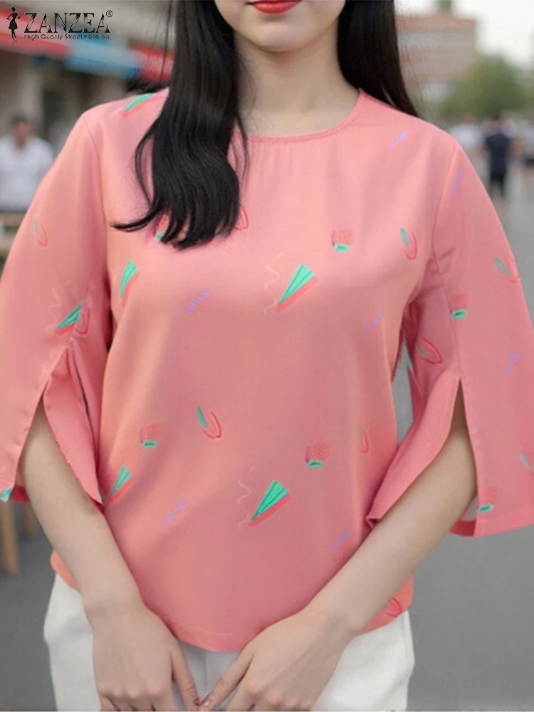 بلوزة نسائية من ZANZEA لصيف 2025 بأكمام 3/4 قمصان كلاسيكية مطبوعة موضة غير رسمية فضفاضة للعطلات بلوزات نسائية كبيرة الحجم