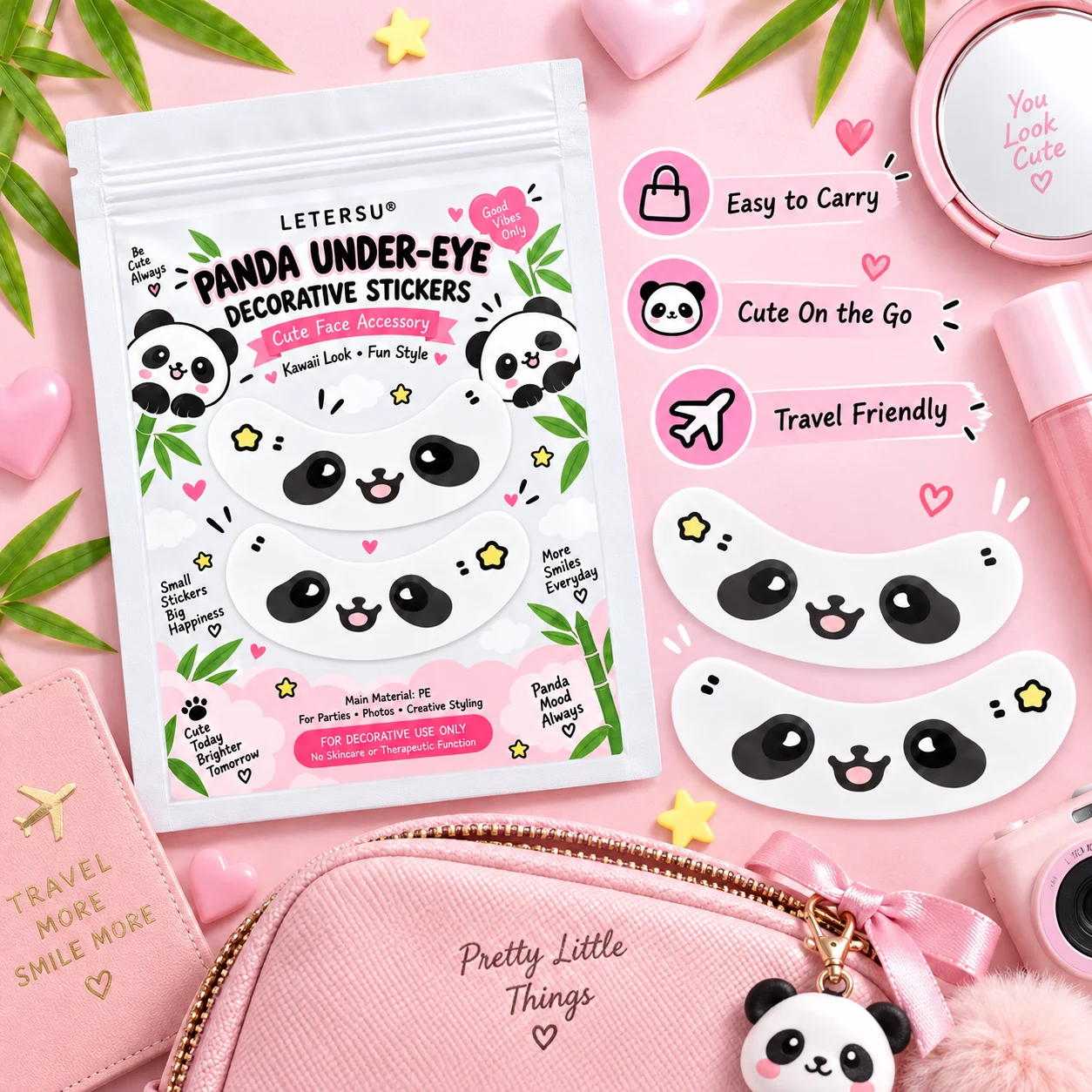 4PCS Cute Panda Under Eye Stickers, Kawaii Cartoon Eye Patches, Black White Face Makeup Accessories for Girls, Party Cosplay Pho