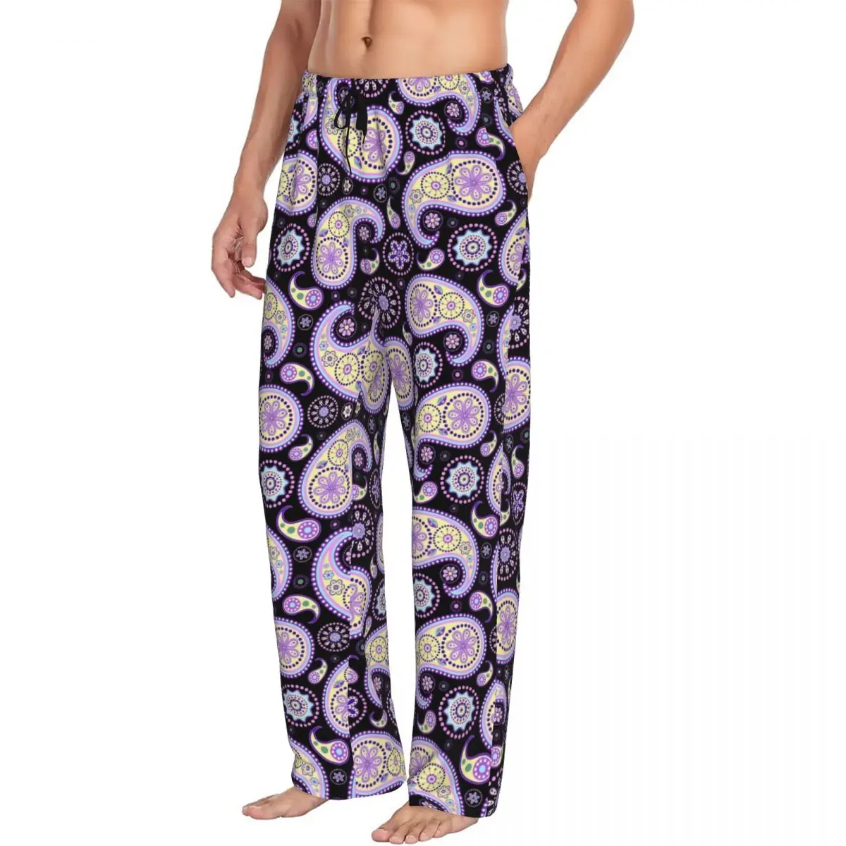 Custom Paisley Pajama Pants Sleepwear for Men Elastic Waistband Floral Pattern Sleep Lounge Bottoms with Pockets
