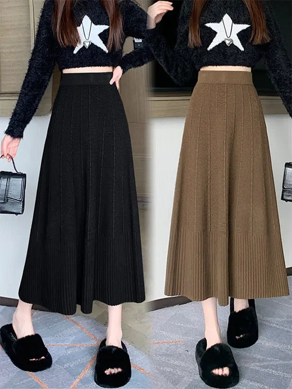 Women's Knitted  Skirt Thickened Autumn Winter Casual High Waist A-Line Skirt Woolen Plaid Skirts Fashionable Commute