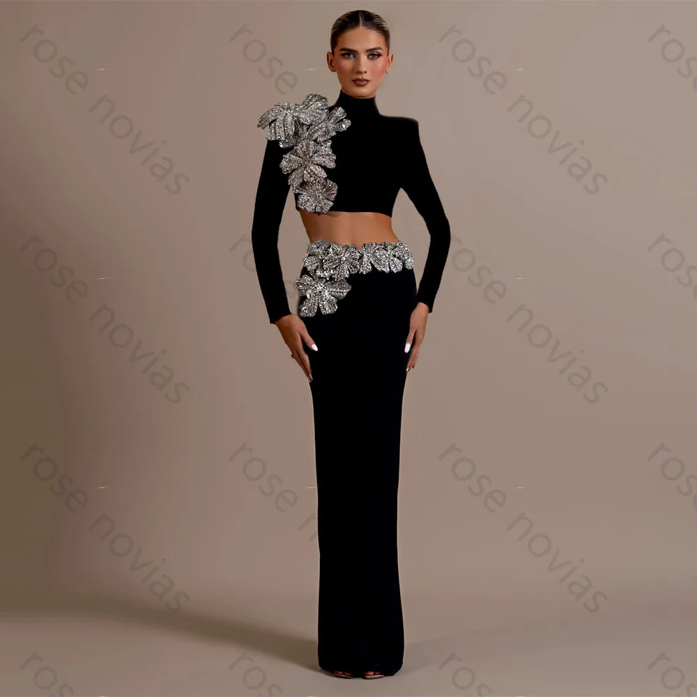 High Quality Customized Black Women Long Sleeve Diamond 3D Flowers Long Bandage Dress Celebrate Nightclub Party Outfit Vestido