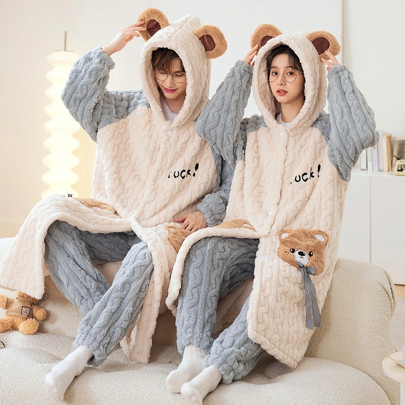 

2024 Hooded Couples Pajamas Set Women Men Winter Thicken 2 Piece Set Pyjamas Sleepwear Set Korean Homewear Warm Pijama Hoodies