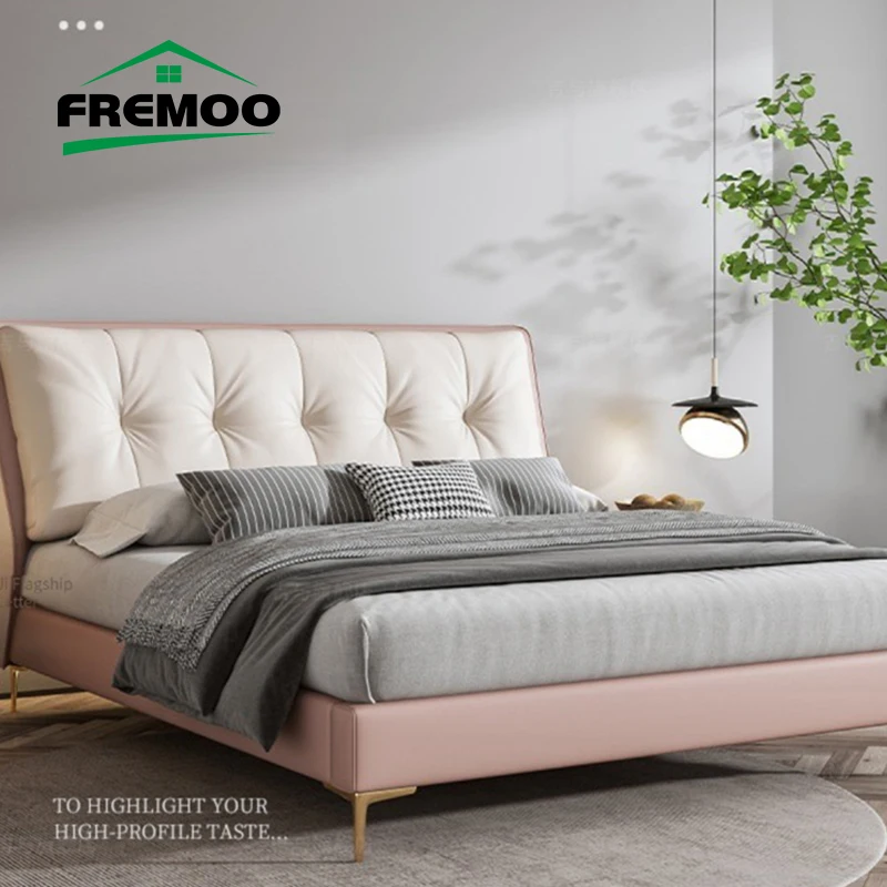 

Fremoo Minimalist Queen/King Double Bed Frame Big Backrest Pink White Leather For Girls Home Furniture Bedroom Furniture Set