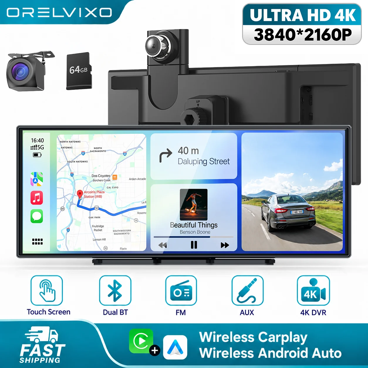 11.3 Inch 4K Dash Cam DVR Car Display with Wireless CarPlay Android Auto Bluetooth WiFi MP5 Reversing Monitor Multimedia Player