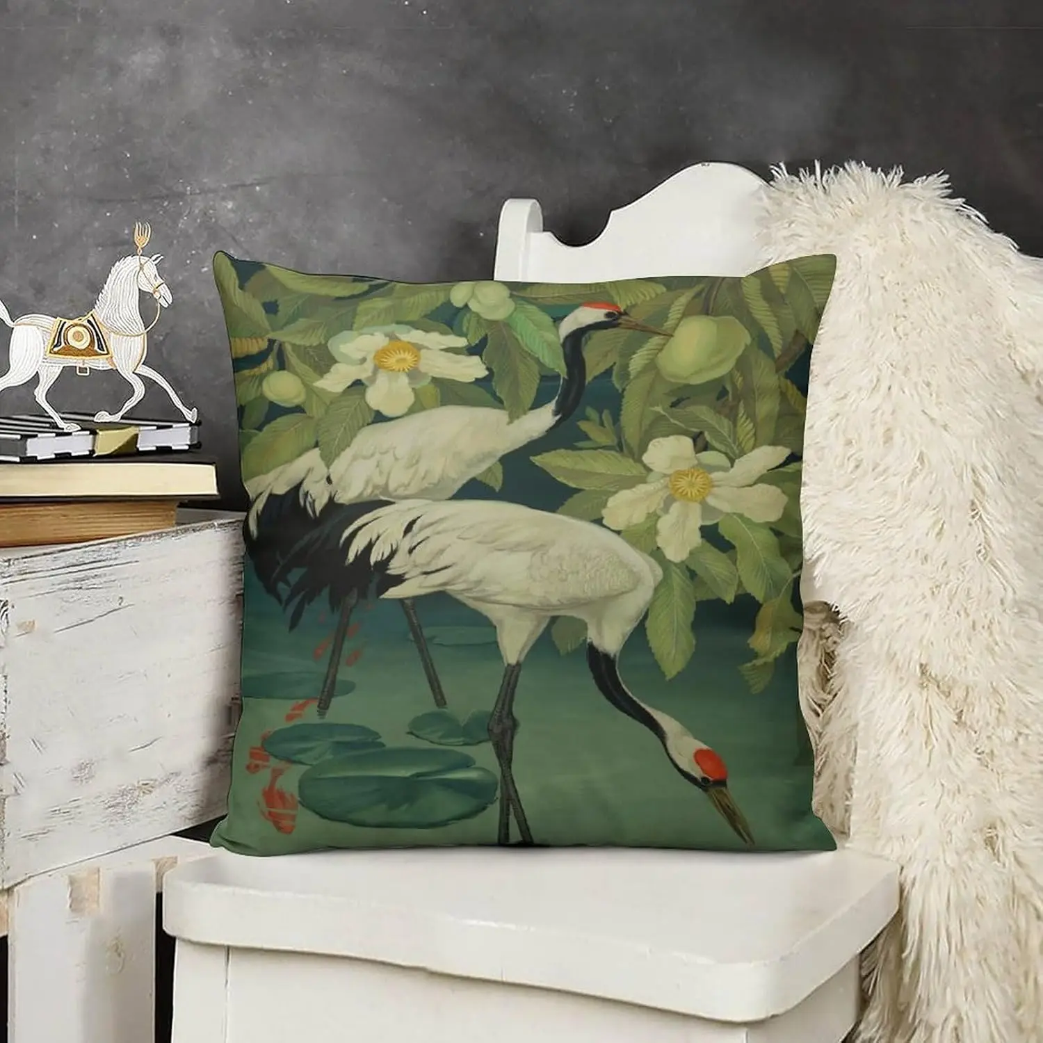 Beautiful Bird Nature Egrett Botanical Pillowcase Cushion Cover Garden Floral Art Home Decor 18x18 Inch
